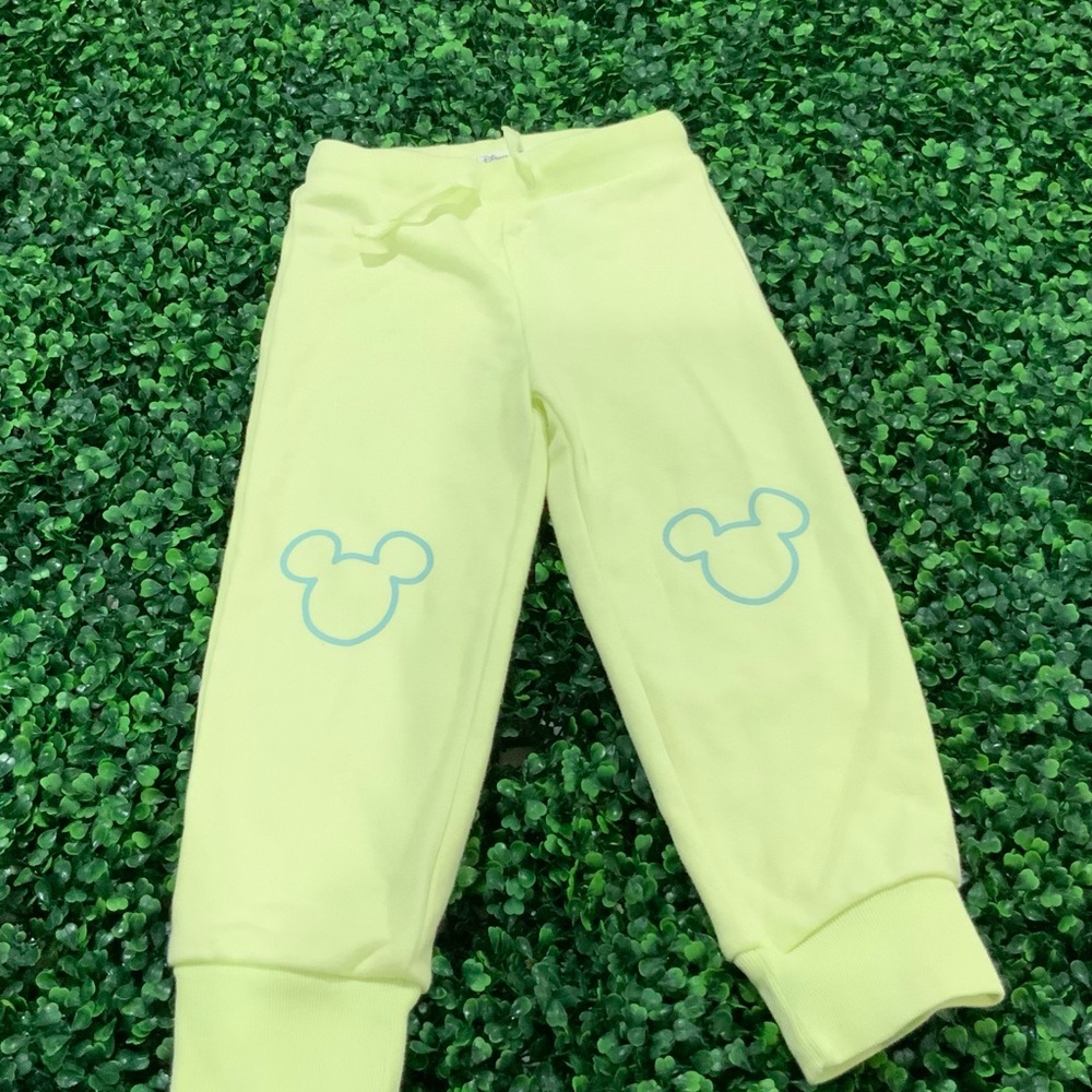Gap Neon Yellow Sweatpants with Blue Mickey Mouse Design